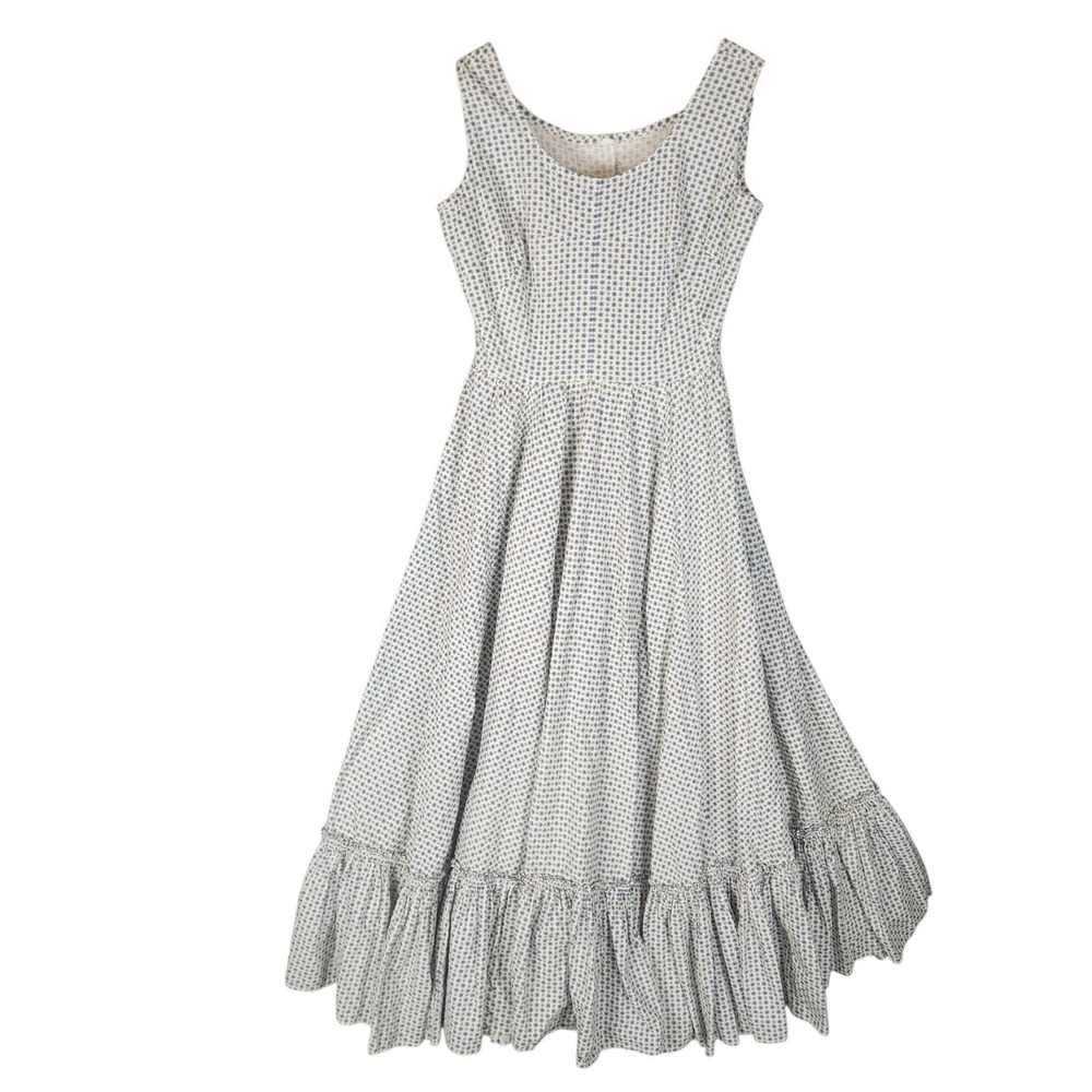 Vintage 50s 60s Maxi Dress Small‎ Blue Floral Ruffle Hem Sleeveless Squaw Patio